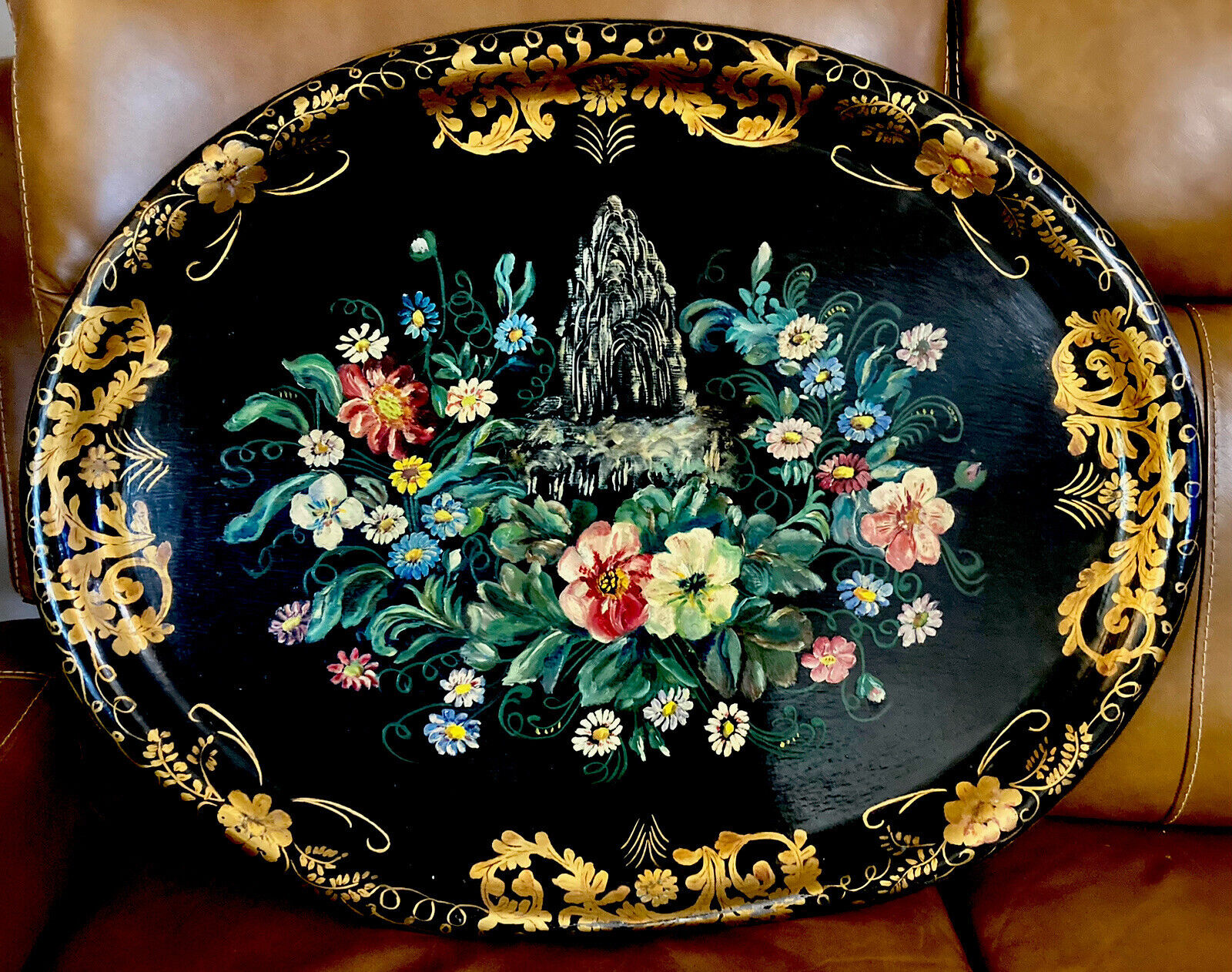 30” XL  Antique Paper Mache Tray Hand-Painted Flowers Gold Trim Gorgeous
