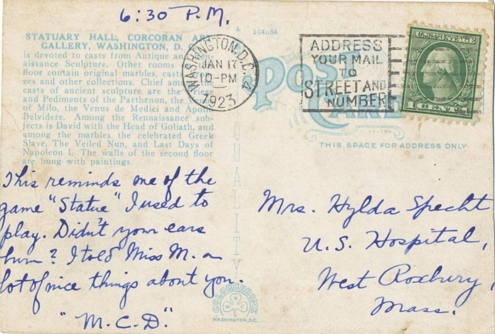 Cancel/Postcard - Washington DC 1923 ADDRESS YOUR MAIL TO STREET AND NUMBER