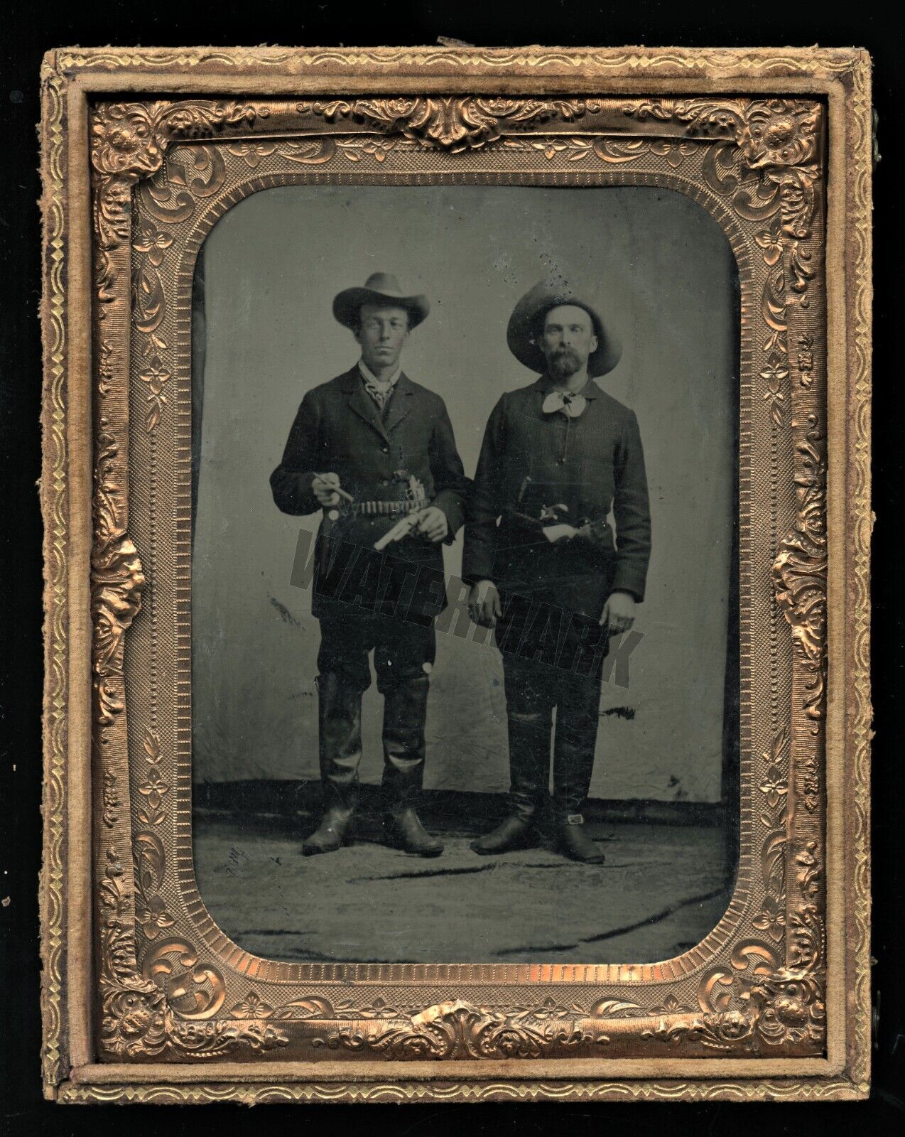 Half Plate Tintype Two Men Armed w Guns & Knife - Indian Scouts Cowboys Outlaw?