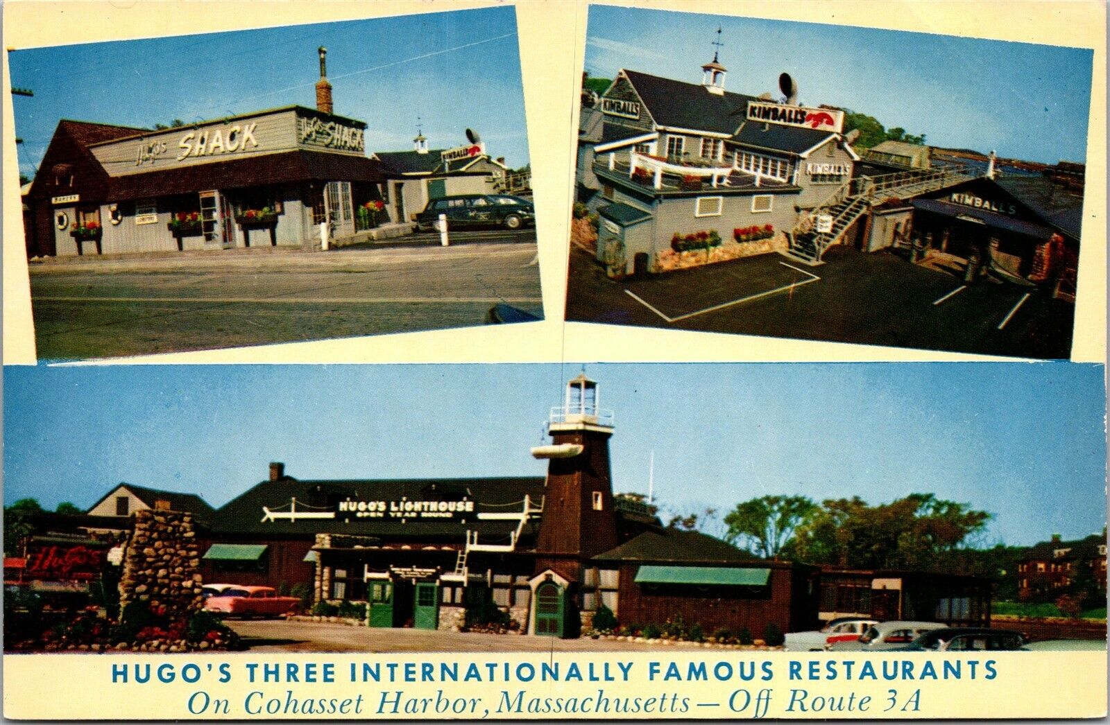 Vtg Cohasset Harbor MA Hugo\'s Three Restaurant Multi View Unused Chrome Postcard