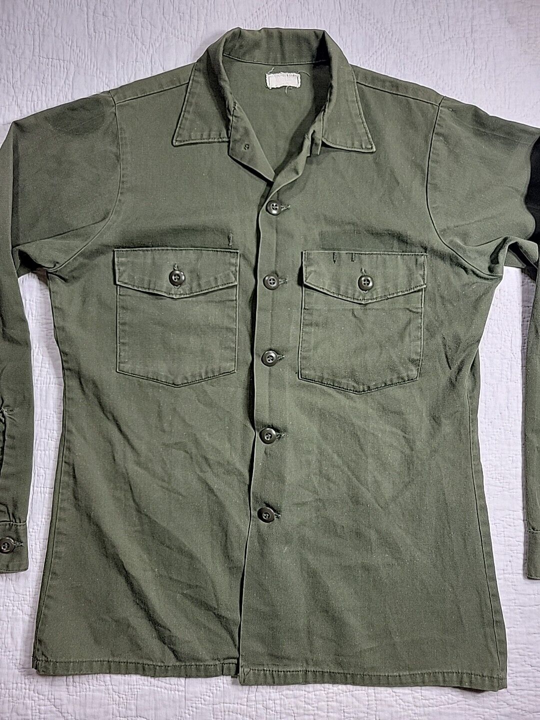 Vintage US Army Vietnam Era OG-507 Fatigue Duty Shirt Size Medium 15.5x35 Selma