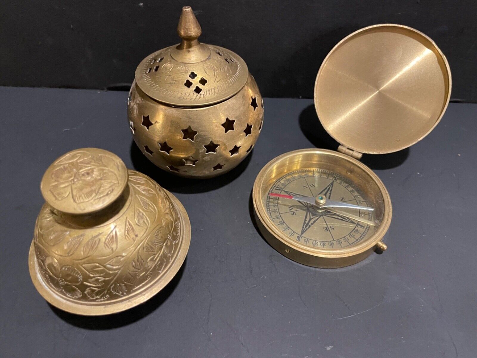 Lot of 3 Assorted Brass Decor Items Compass Pot Pourri Jar Bell India