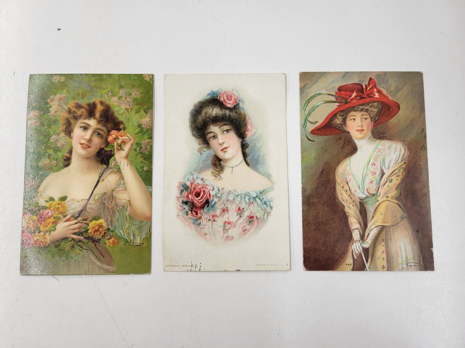 Vintage Lot Of Three Victorian Ladies Postcards. Postage Stamped 1909