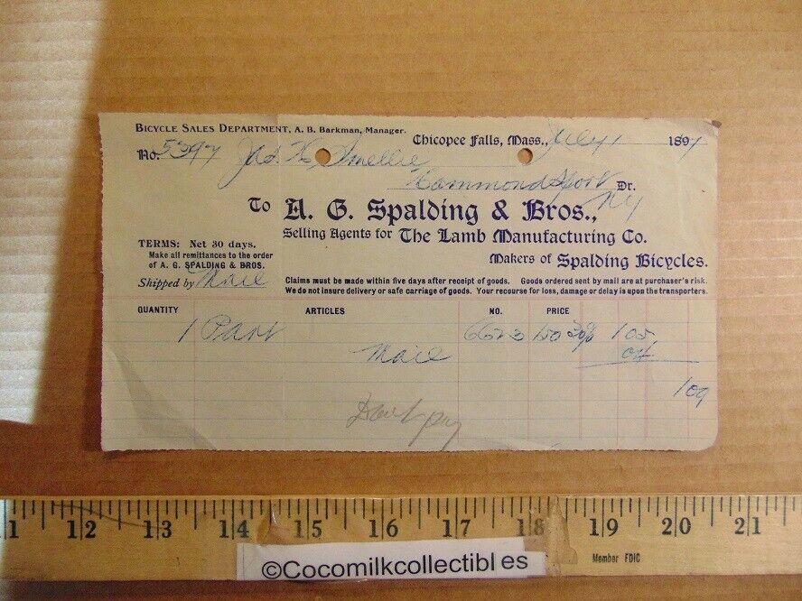 Vintage July 1 1897 A. G. Spalding & Bros Bicycle Receipt Chicopee Falls MA