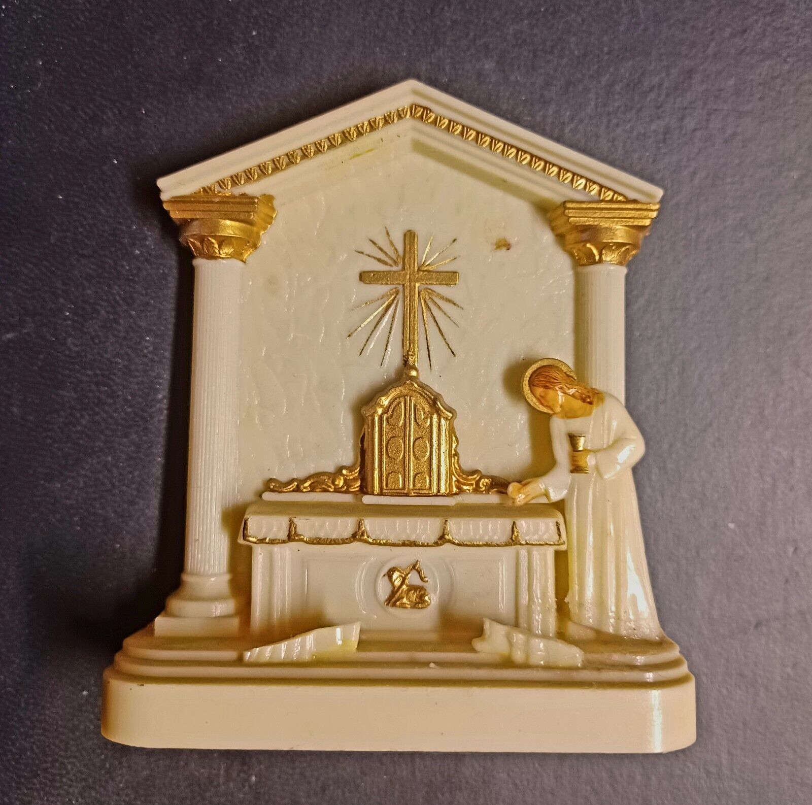 Vintage 50's Catholic Gold-trimmed mini plastic Altar-Tabernacle with chalice.