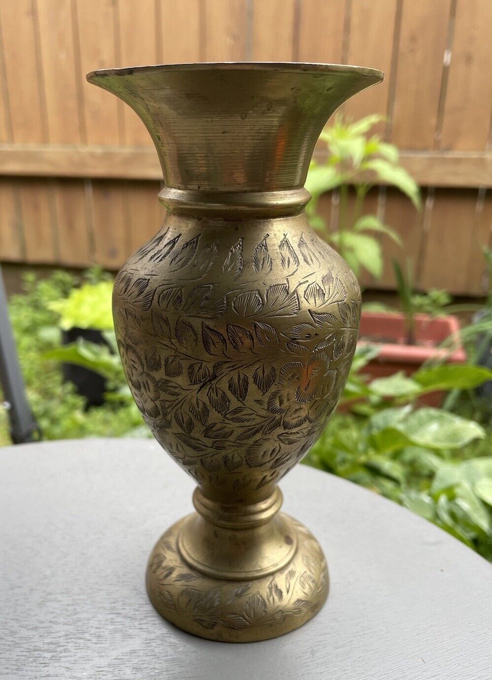 Vintage Etched Solid Brass Vase, India 6.8”