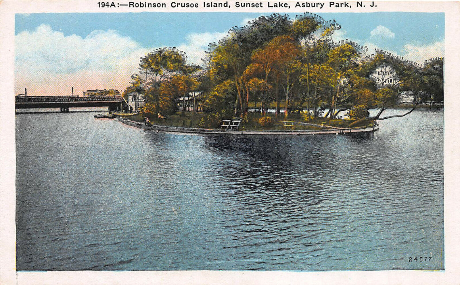 Robinson Crusoe Island, Sunset Lake, Asbury Park, N.J., Early Postcard, Unused