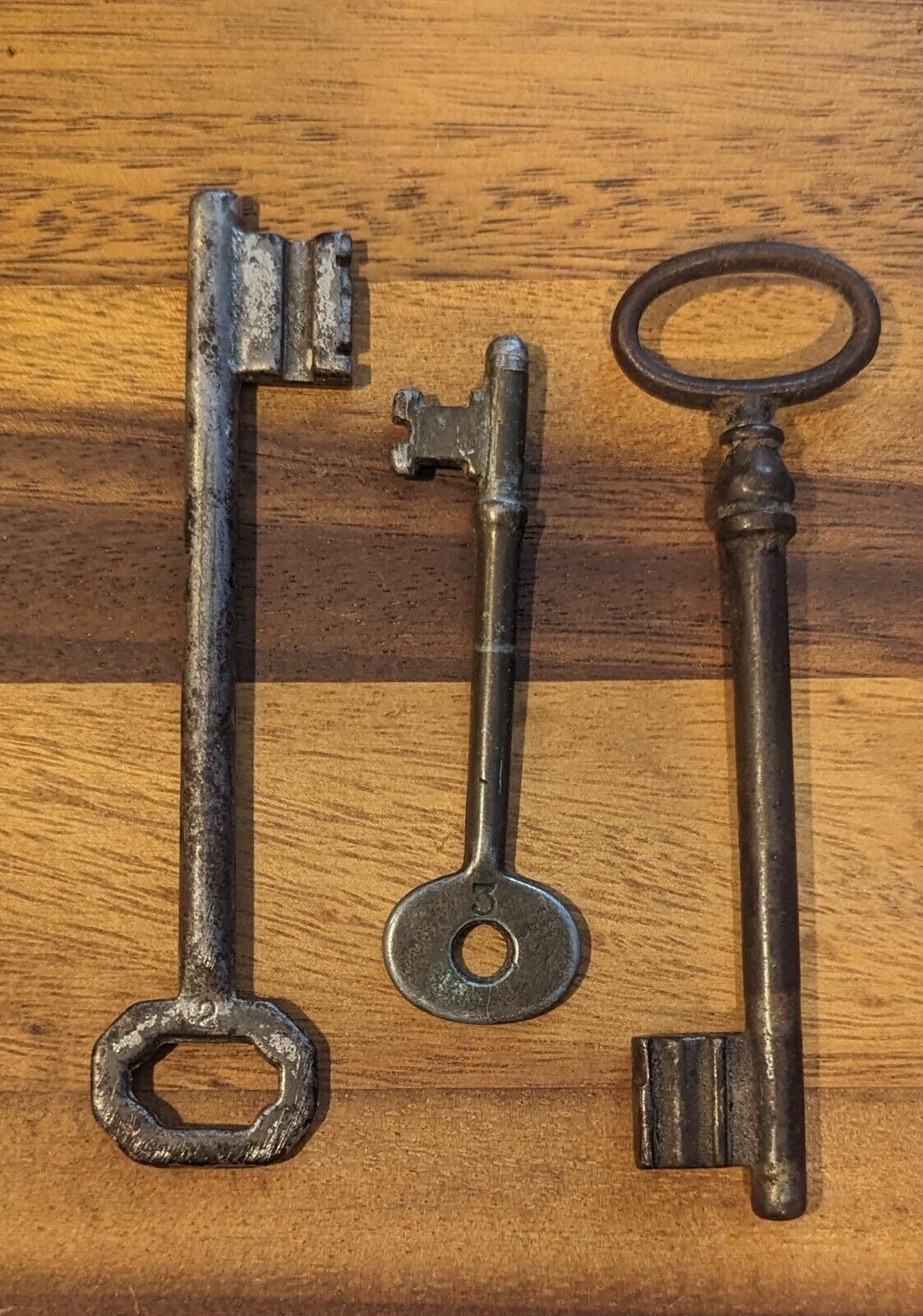 LOT OF THREE Vintage Steel Skeleton Keys (two engraved with numbers)