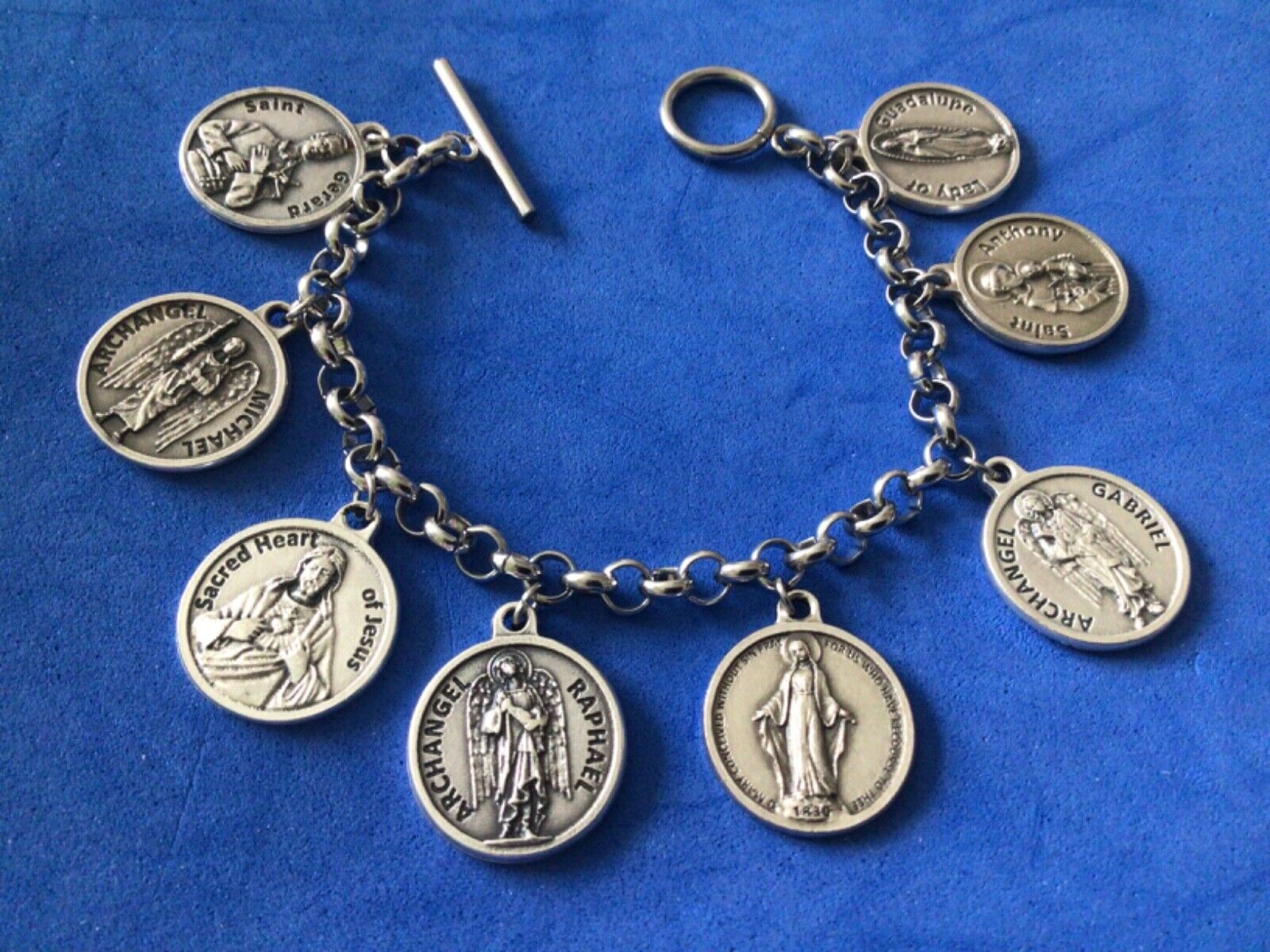 Custom Religious Saint Medal Charm Bracelet Lot PRAYERS ARCHANGELS  8”