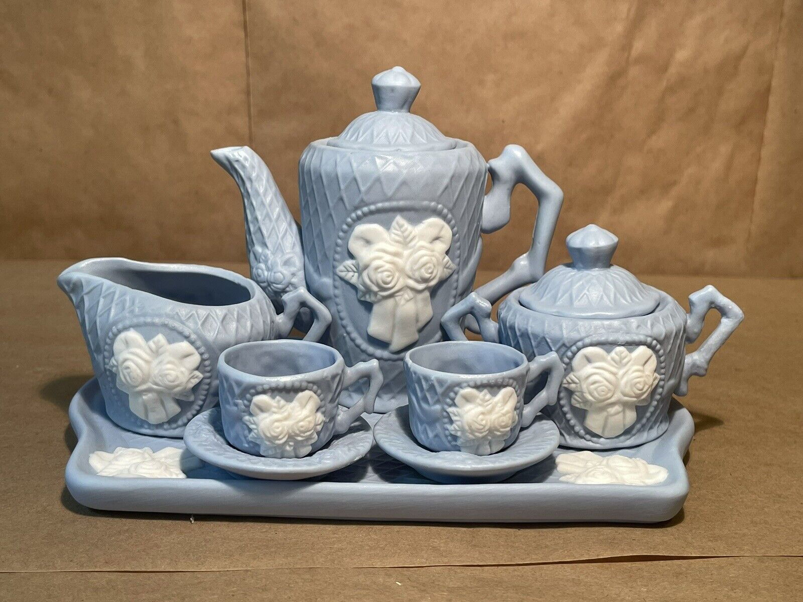 10Pc Blue Bisque White Rose Victorian Wedgwood  Miniature Tea Set Vintage