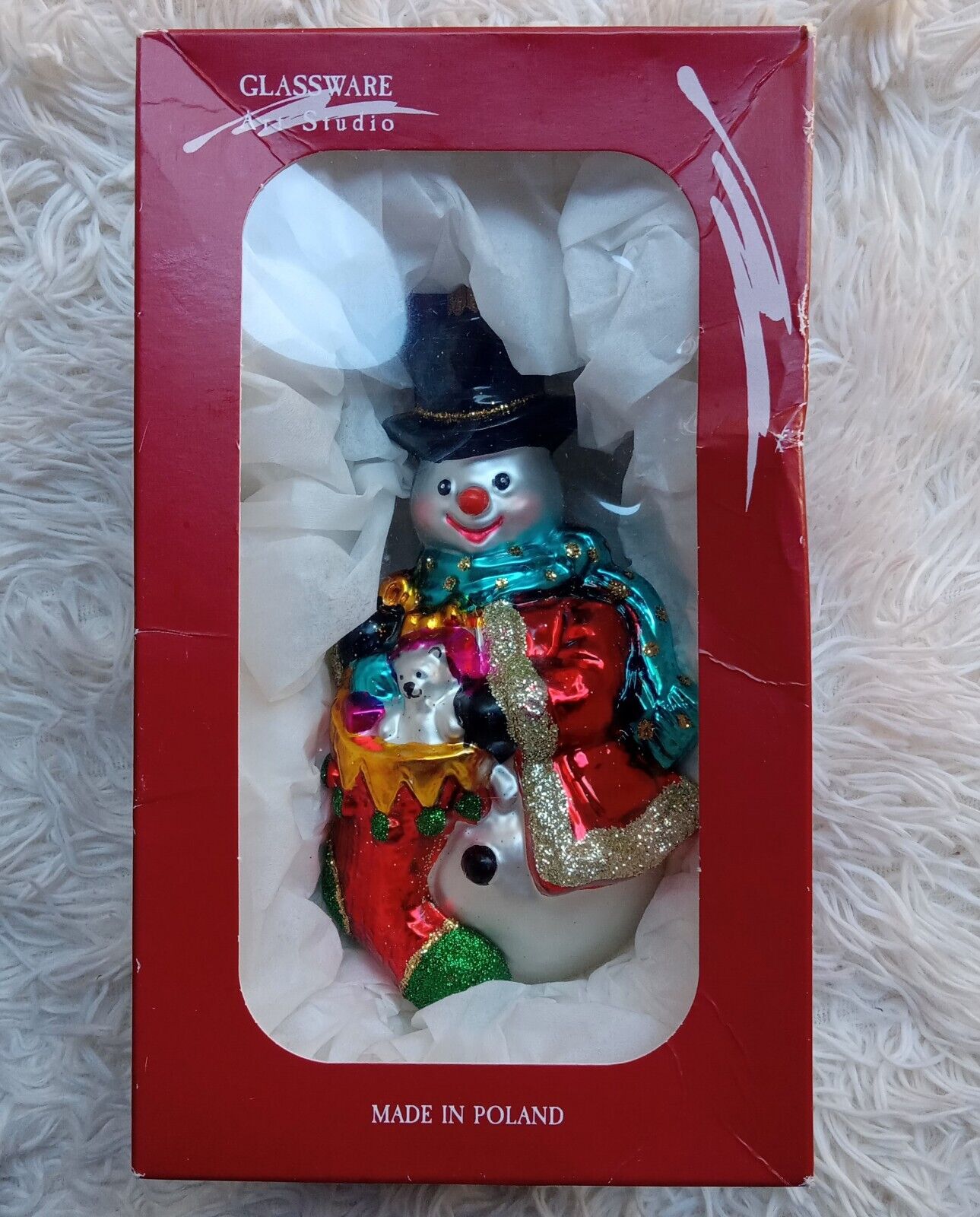 Glassware art studio LRG snowman holding stocking Glass Ornament NIB