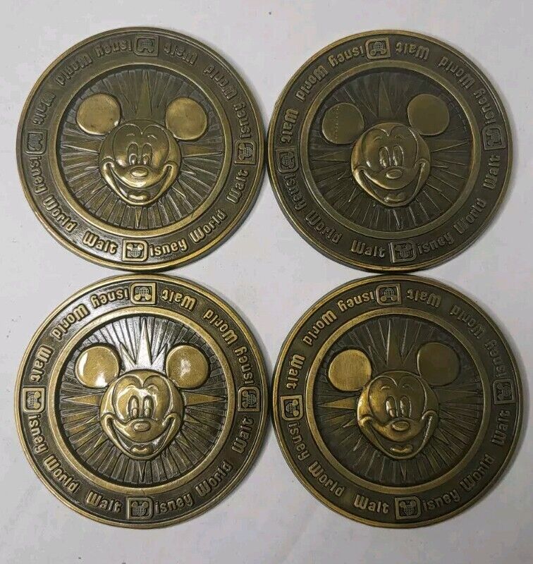 Vintage  Mickey Mouse Brass Metal  Coasters Set Of 4 Walt Disneyland Made In USA