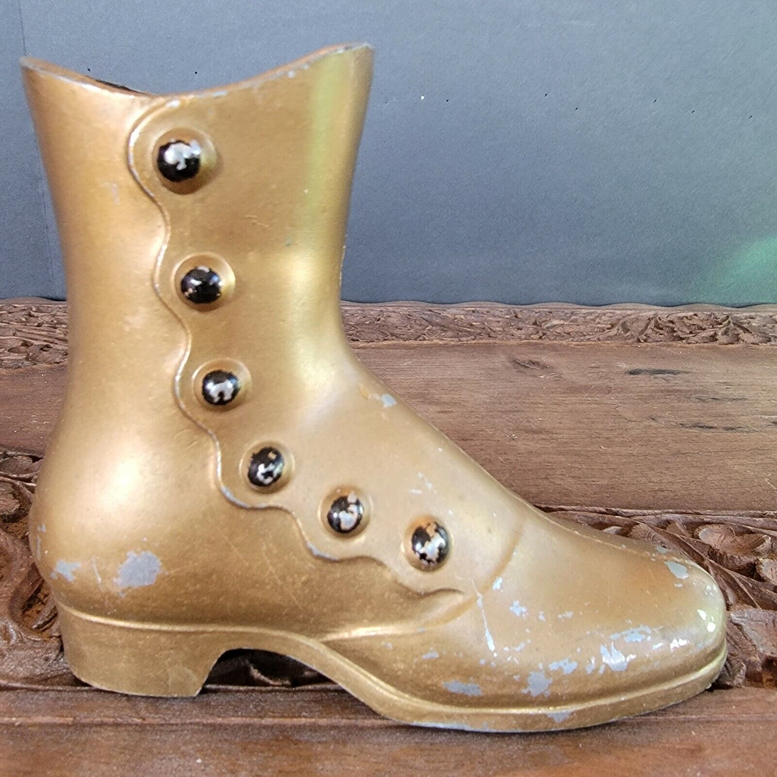 Vintage metal curio shoe  Is antique button-up 1920\'s woman\'s woman\'s gold boot