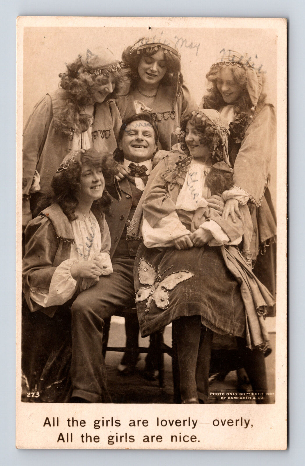 c1907 RPPC Man Surrounded by Cabaret? Girls Posted Lexington Texas TX Postcard