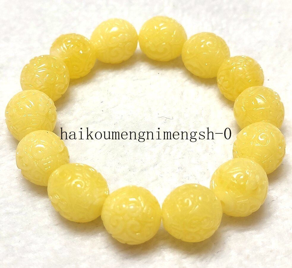 Certified 14mm Natural Yellow Beeswax Amber Hand-carved Buddha Beads Bracelet