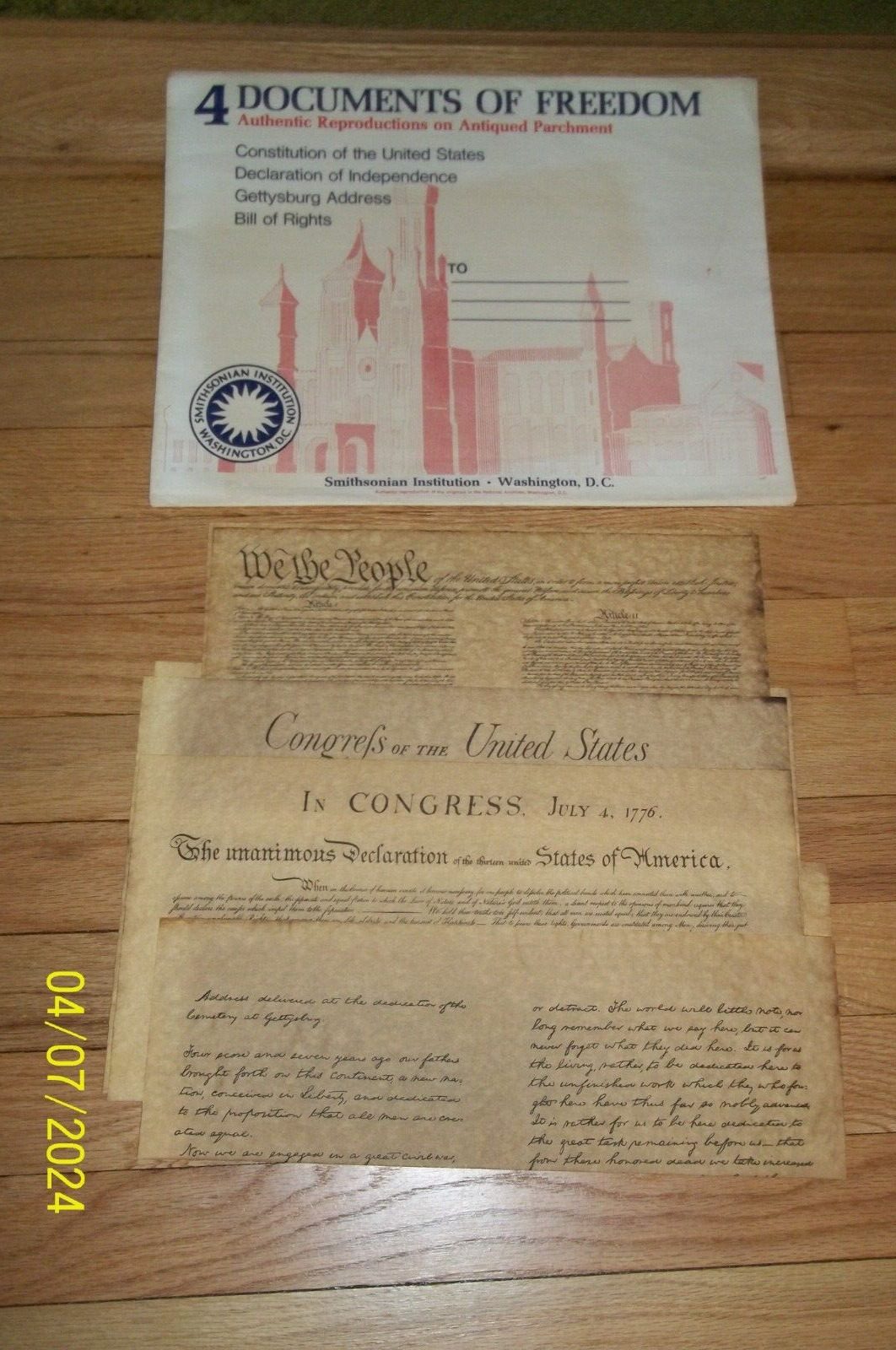 4 Documents of Freedom, Authentic Reproductions on Antiqued Parchment 