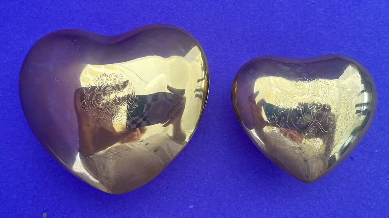 Pair of 2 Vintage Brass Heart Engraved Trinket Boxes SALE