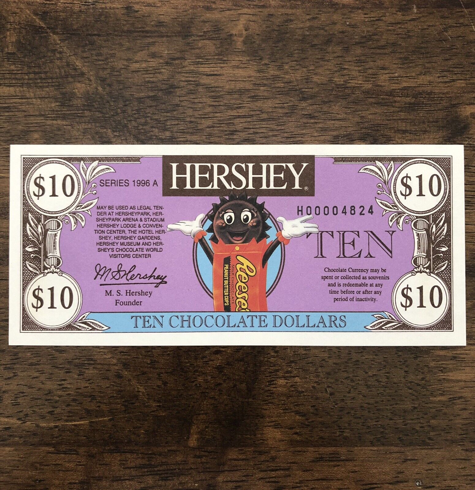 1996 Extremely RARE $10 Hershey Chocolate Dollar H00004824 Uncirculated + Env.