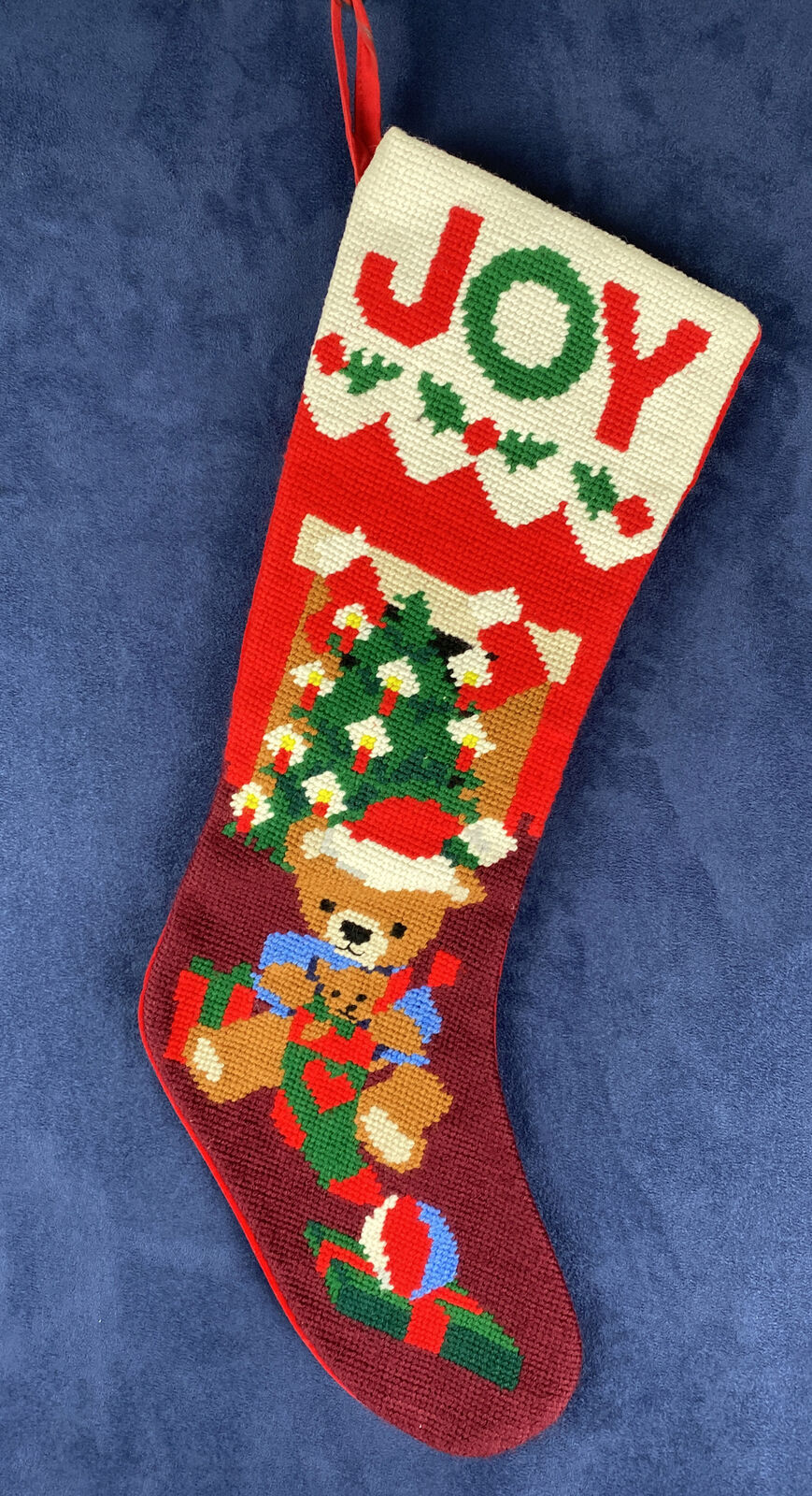 Vtg Christmas Needlepoint  Stocking Wool Velvet Finished Teddy Bear Joy