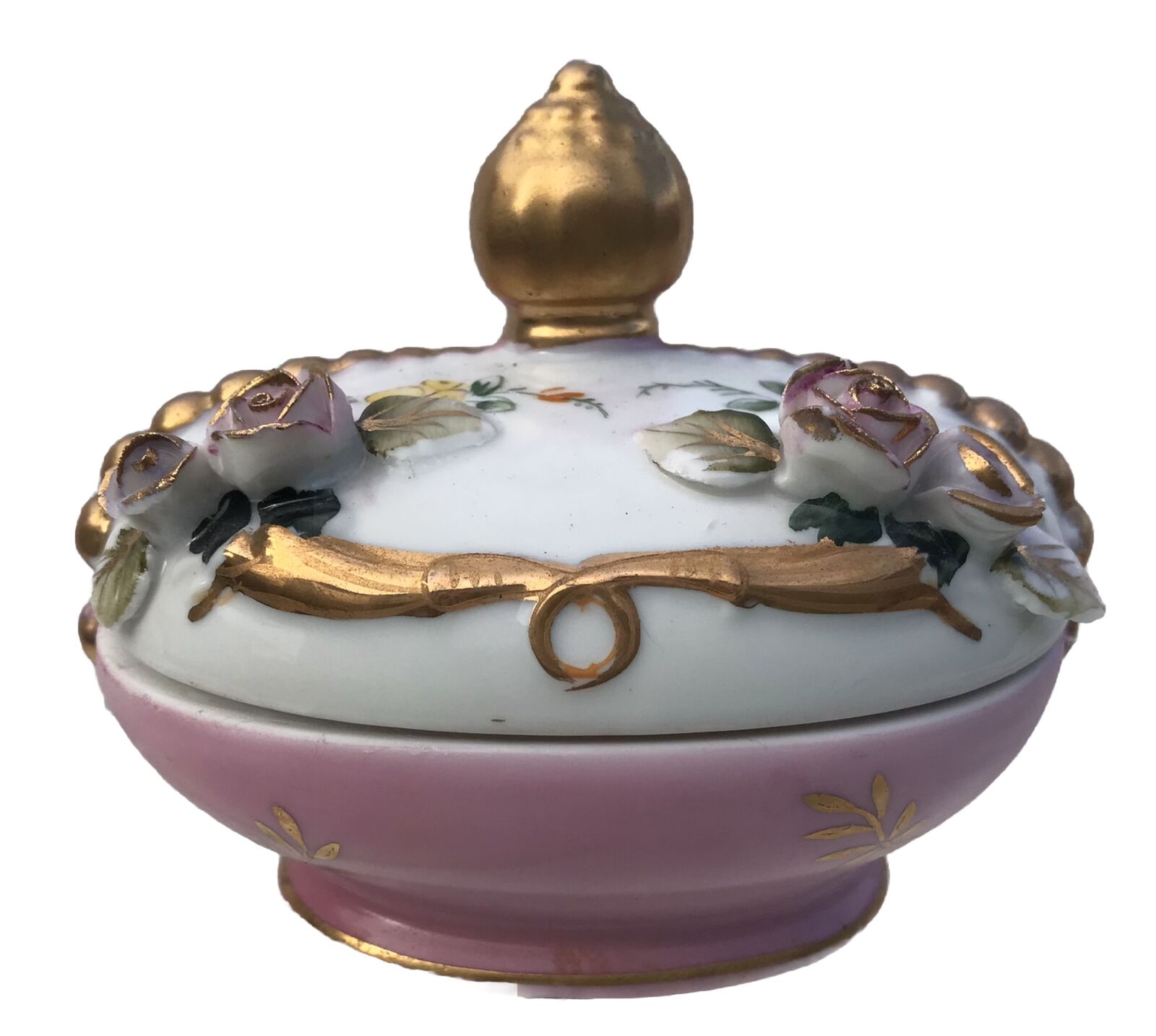 Vtg Porcelain Candy Trinket Dish Pink Roses Gold Pedestal Finial Lid Edwardian