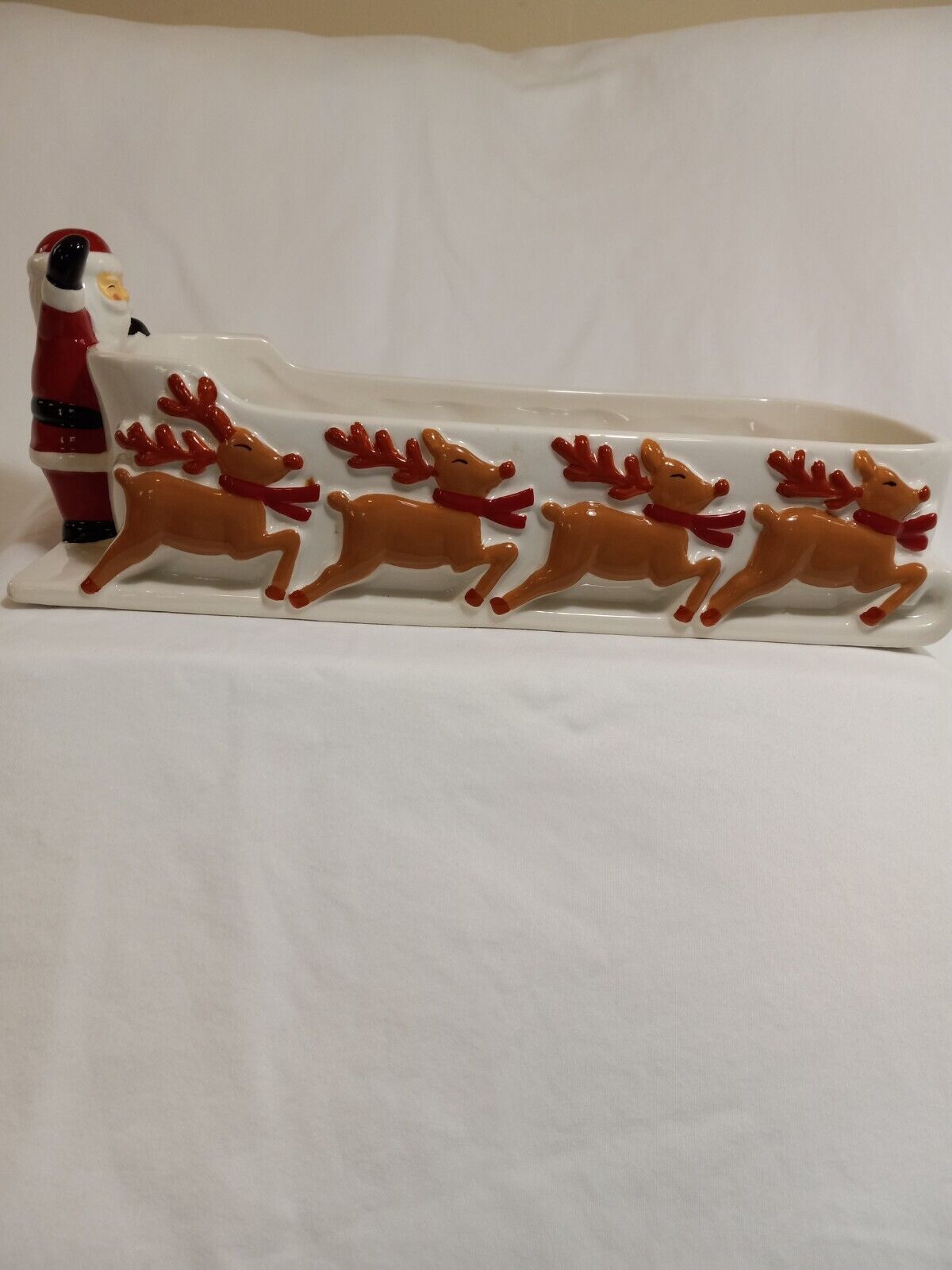 Tag Merry Santa Waving Sleigh Dish Reindeer Rudolph New
