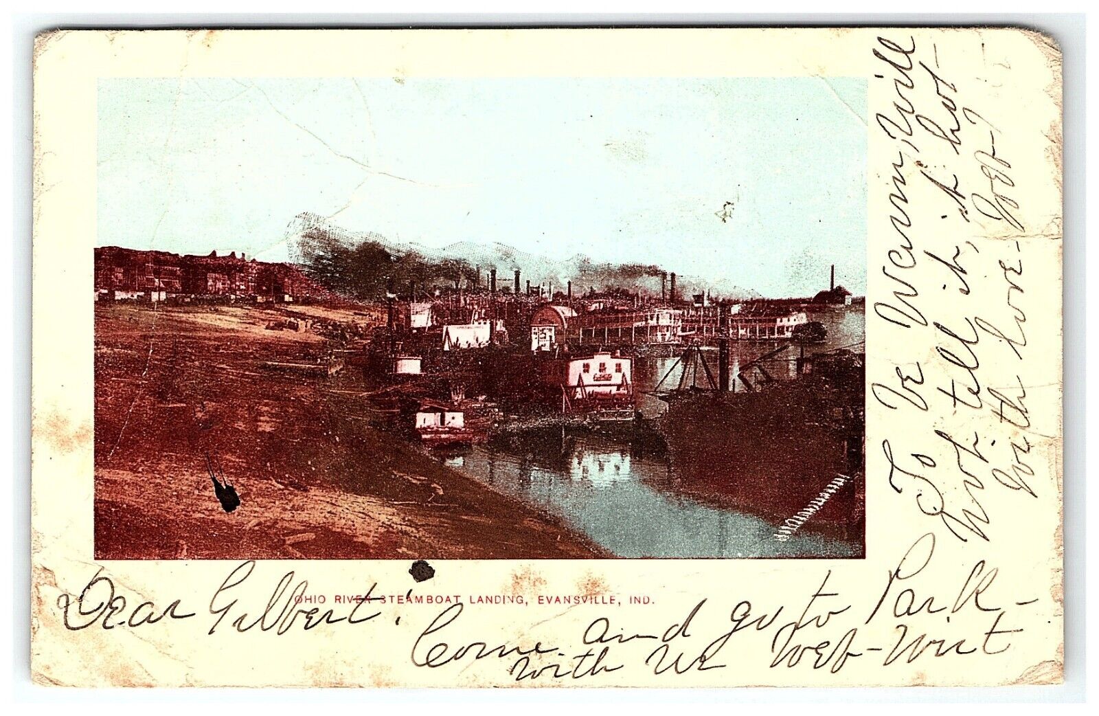 c1901-07 Postcard Ohio River Steamboat Landing Evansville IN Color  pd22