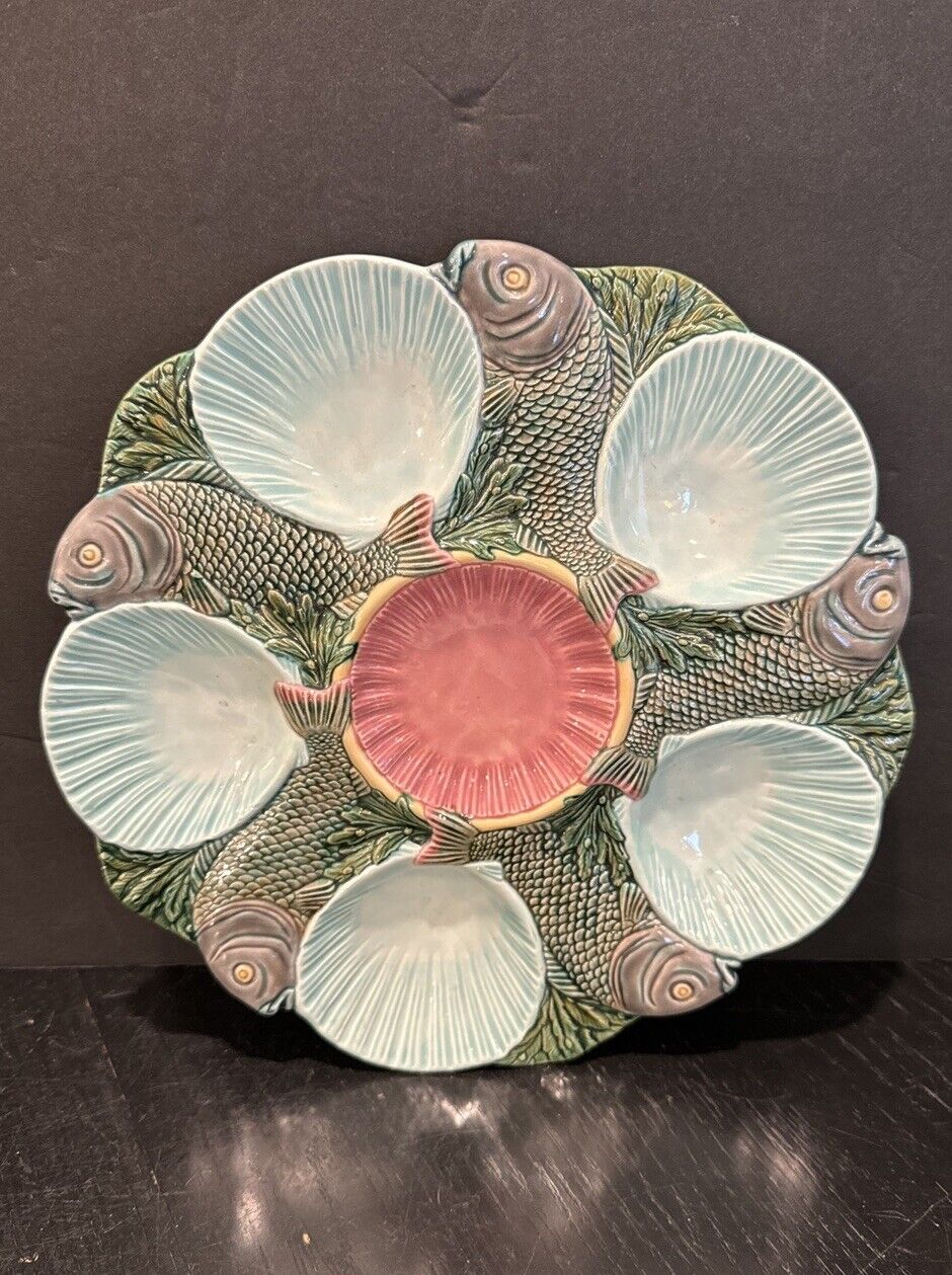 Vintage Majolica Oyster Dish Pink Turquoise Coi Fish 10”