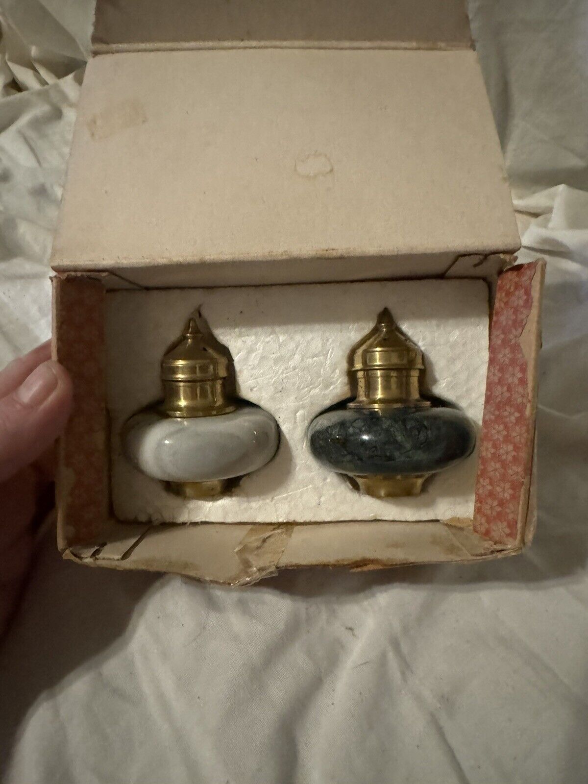 ANTIQUE Green Marble And Brass Salt And Pepper Shakers