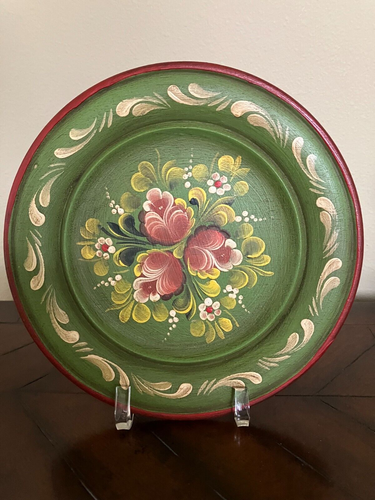 Vintage Tole Painted Handmade Floral Plate Green Wall Decor