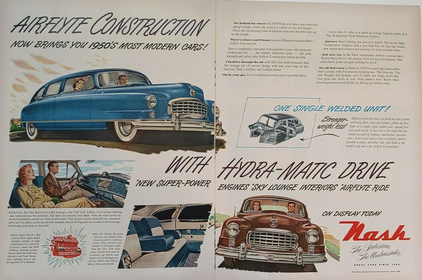 1949 vintage Nash motors print ad, blue vehicle, double page. Post WWll