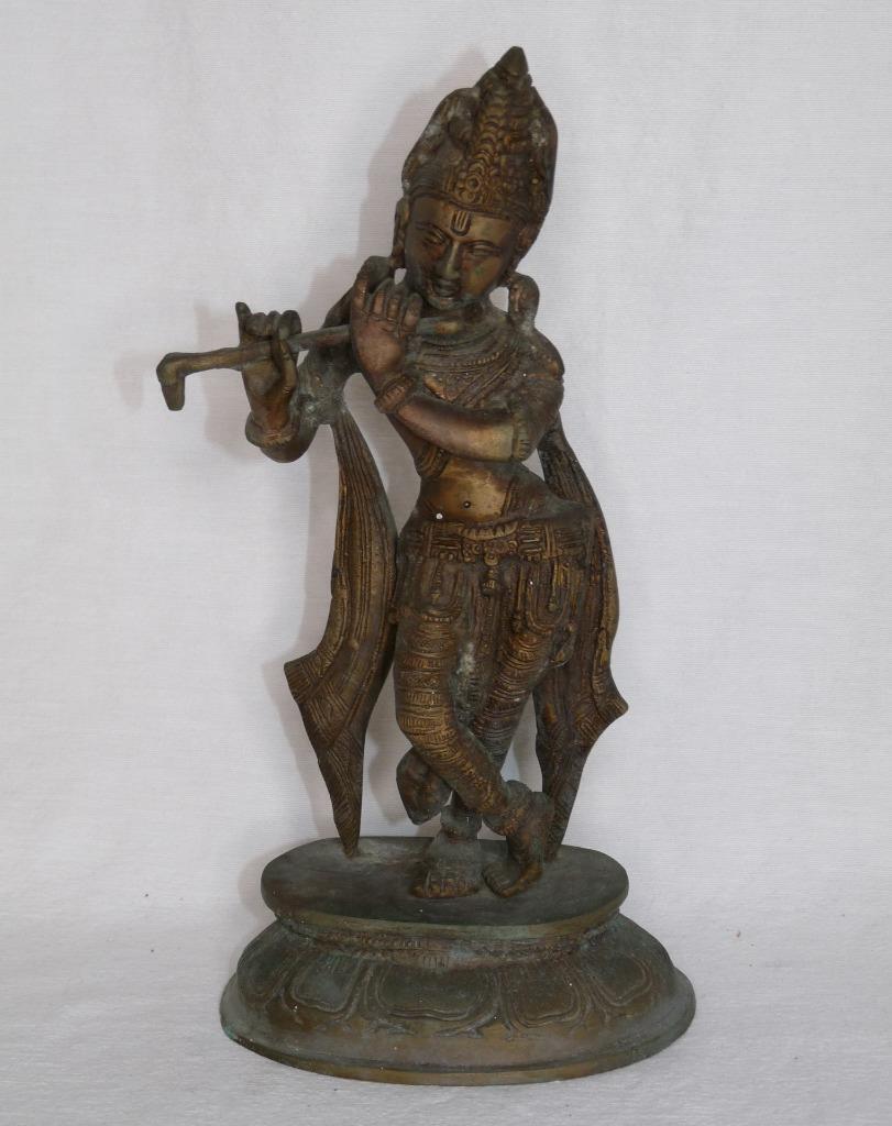 Vintage Hindu Diety Krishna Vishnu Fine Cast Brass Statue Playing Flute 10\