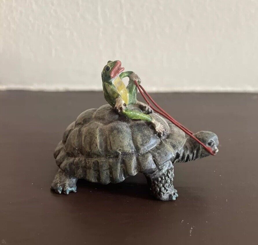 Antique Cold Painted Vienna Bronze Frog Riding Turtle