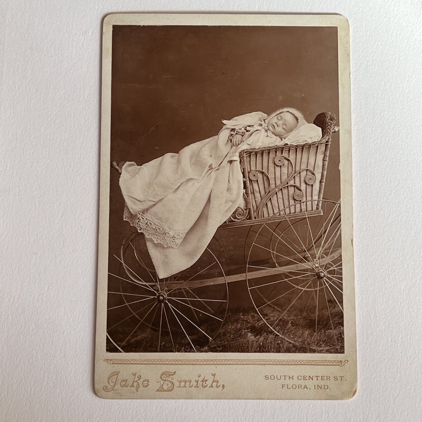 Antique Cabinet Card Photograph Post Mortem Baby In Elaborate Carriage Flora IN