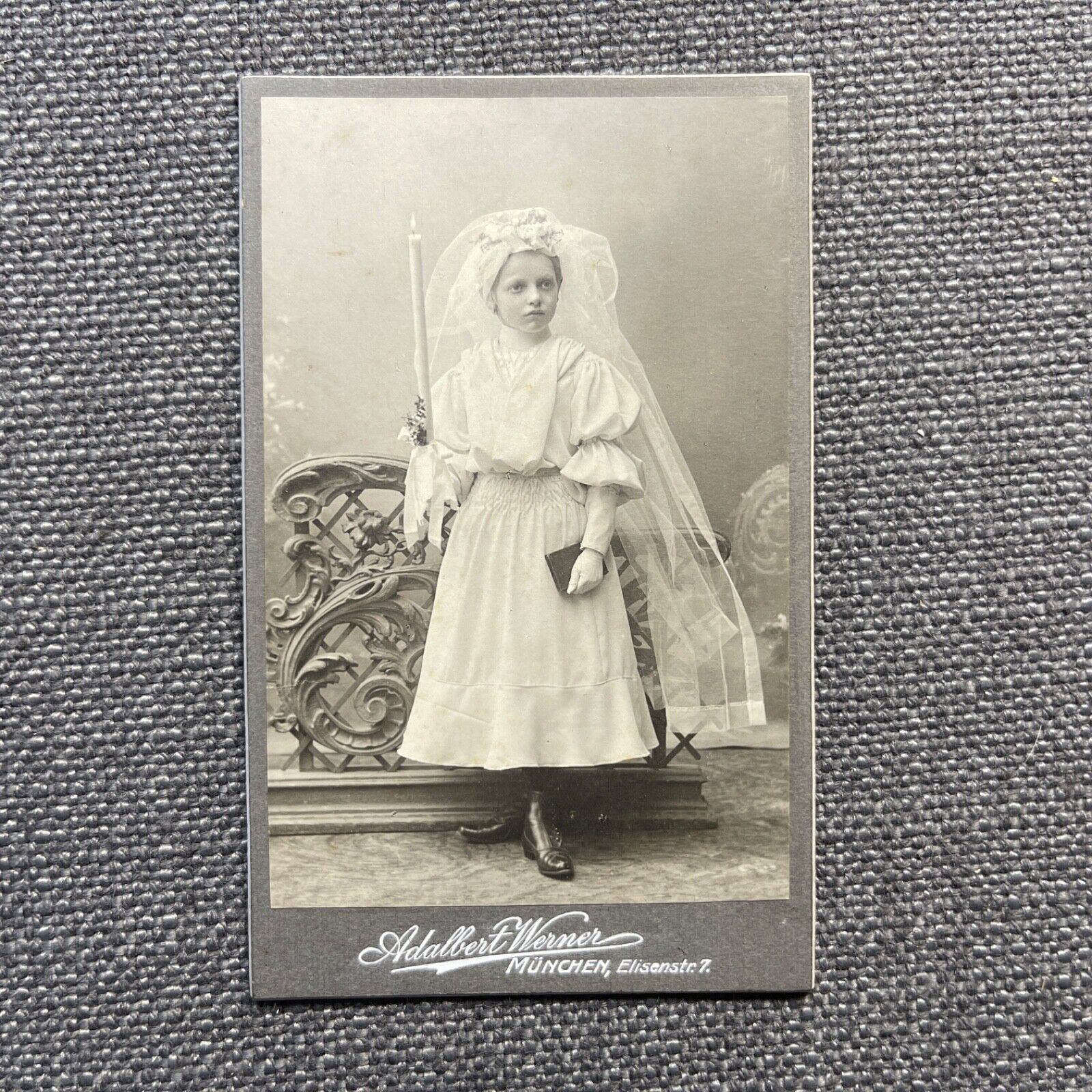 CDV Photo Antique Portrait Girl White Dress Veil Candle First Communion Germany