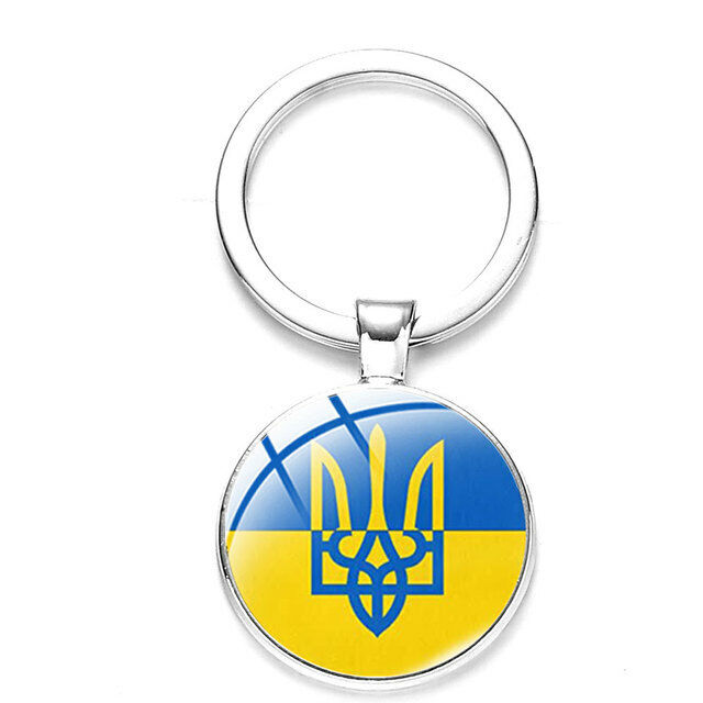 UKRAINE FLAG TRYZUB KEYCHAIN, The Ukrainian Symbol Glass Cabochon Key Ring 3cm