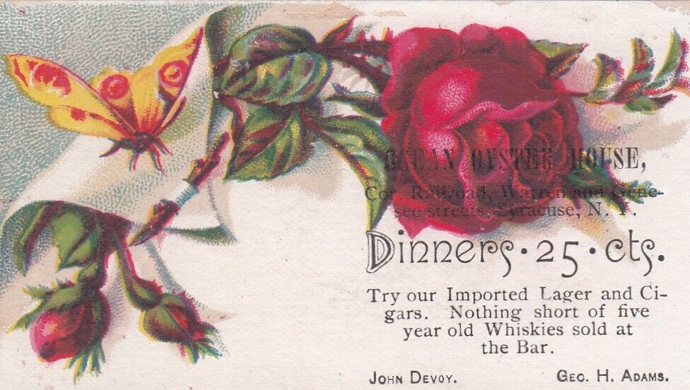 Ocean Oyster House Dinners 25 cents Syracuse John Devoy Geo Adams Card c1880s
