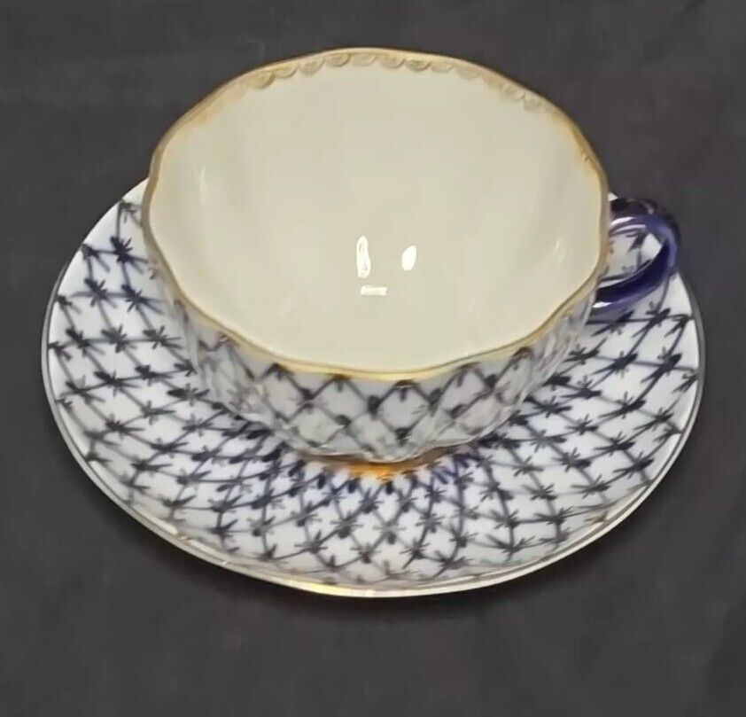 Lomonosov Imperial Porcelain Teacup and Saucer Cobalt Blue And Gold Net USSR 