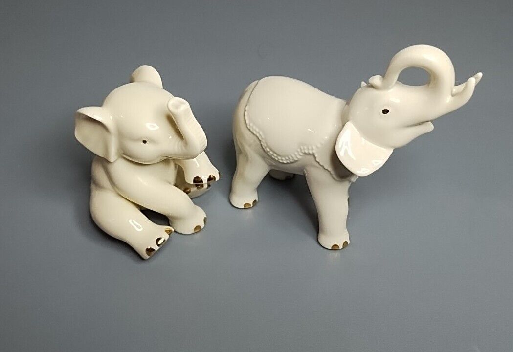 Vintage Lenox Small Animal Lot of 2 Elephants Ivory with 24k Gold Trim Figurine