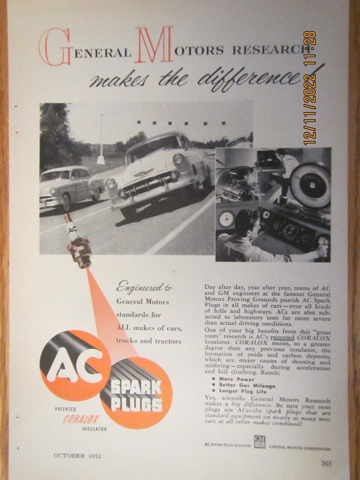 #380 VINTAGE Original Advertisement AC Spark Plugs GM Research 1 page 10/53