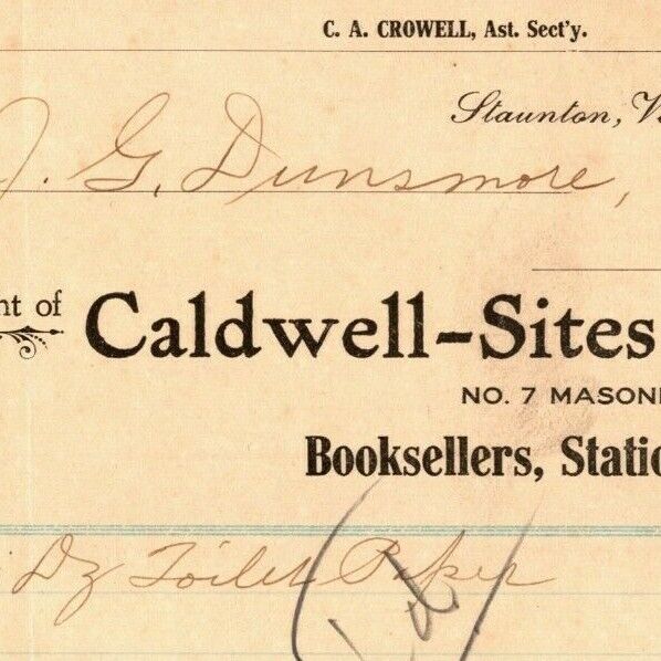 1908 Scarce Caldwell-Sites Stationers Billhead Letterhead Staunton, VA  