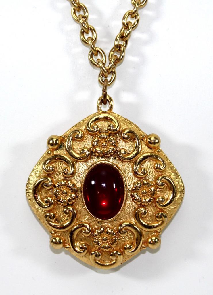 Vintage Revlon Intimate Solid Perfume Necklace ~ Gold Tone with Red Cabochon