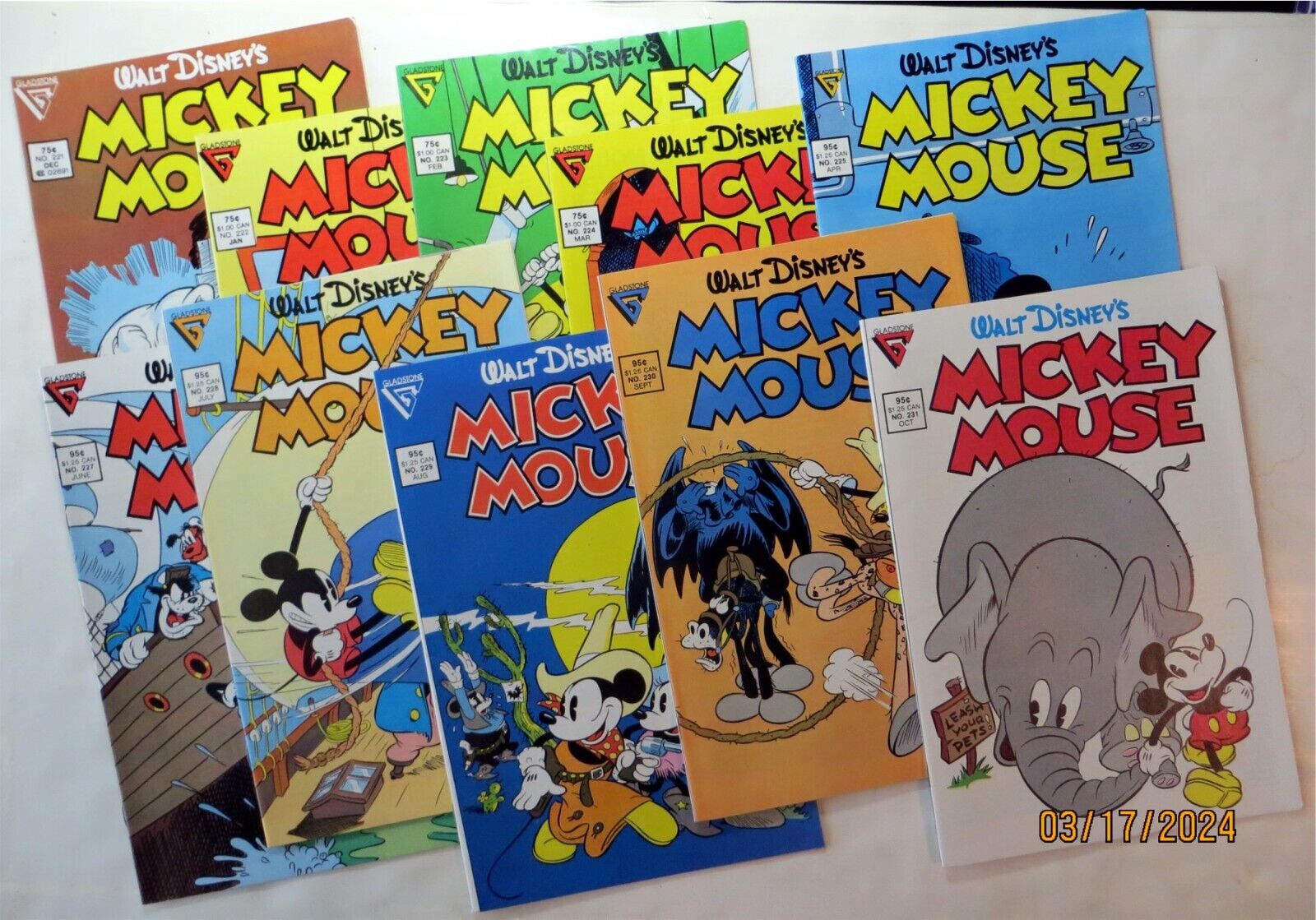 Gladstone Mickey Mouse Ten Issues, 221-225, 227-231, circa 1987