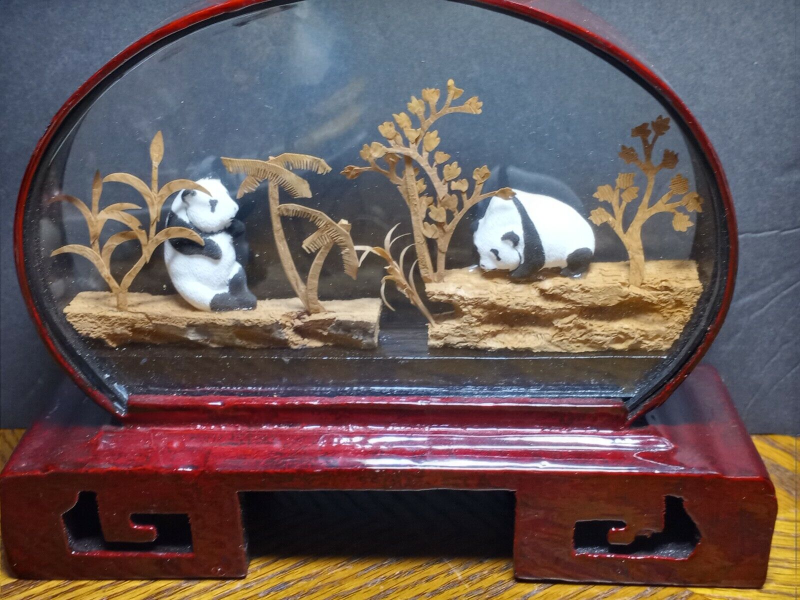 Vintage Asian Cork Panda Display Shadow Box