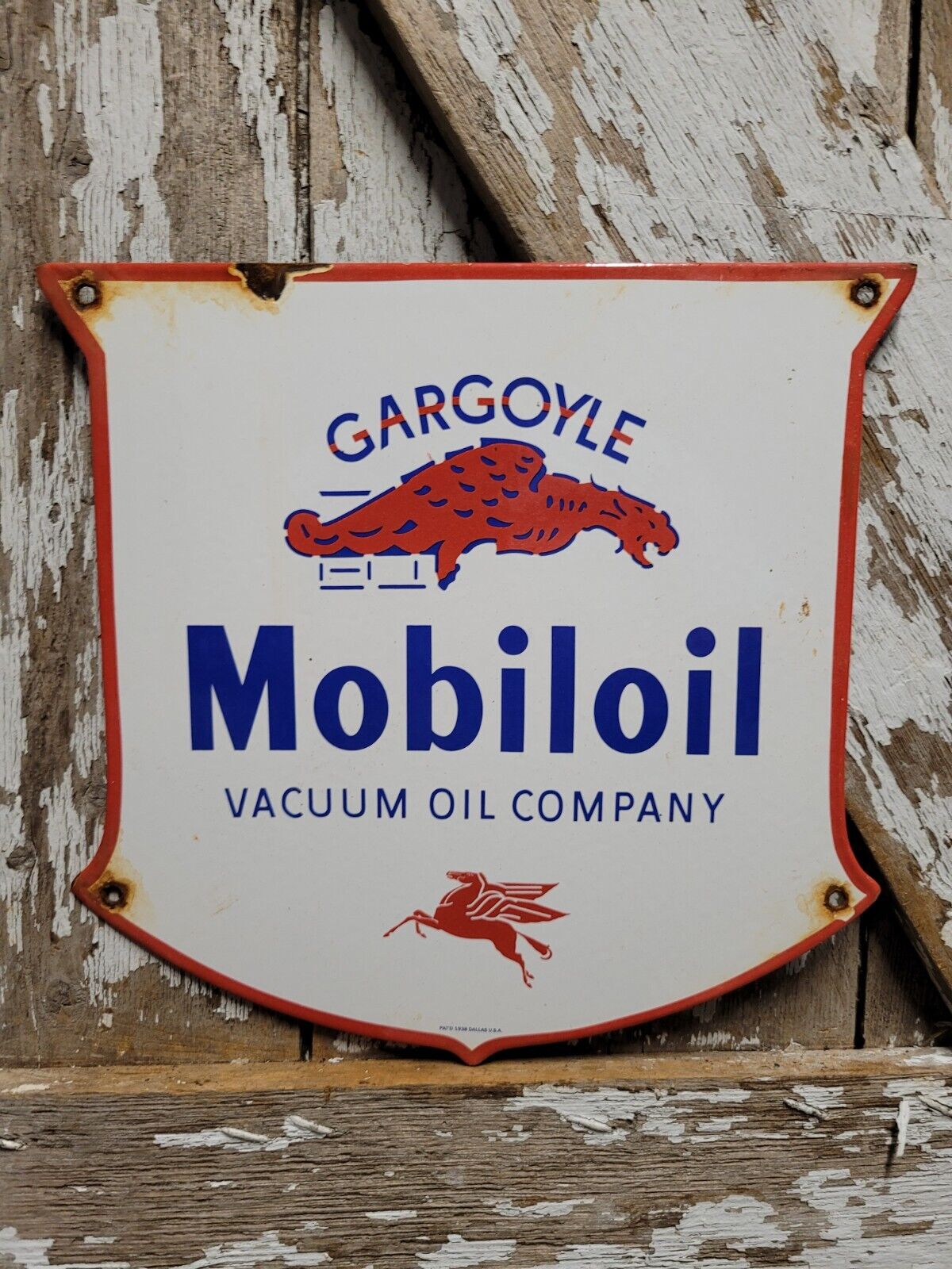 VINTAGE MOBIL PORCELAIN SIGN MOBILGAS GAS GARGOYLE SERVICE SHIELD VACUUM COMPANY