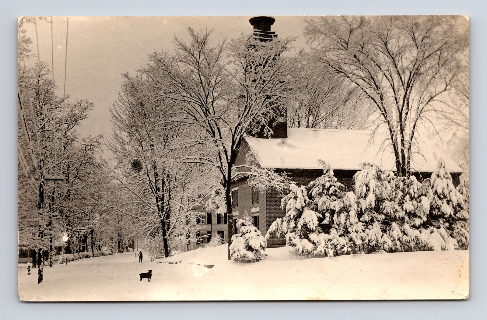 RPPC Main Street Under Snow Dog Church Putney Vermont VT Real Photo Postcard