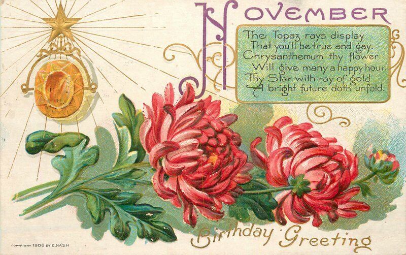 Birthday Greeting November flowers C-1905 Postcard Topaz birthstone 22-5133
