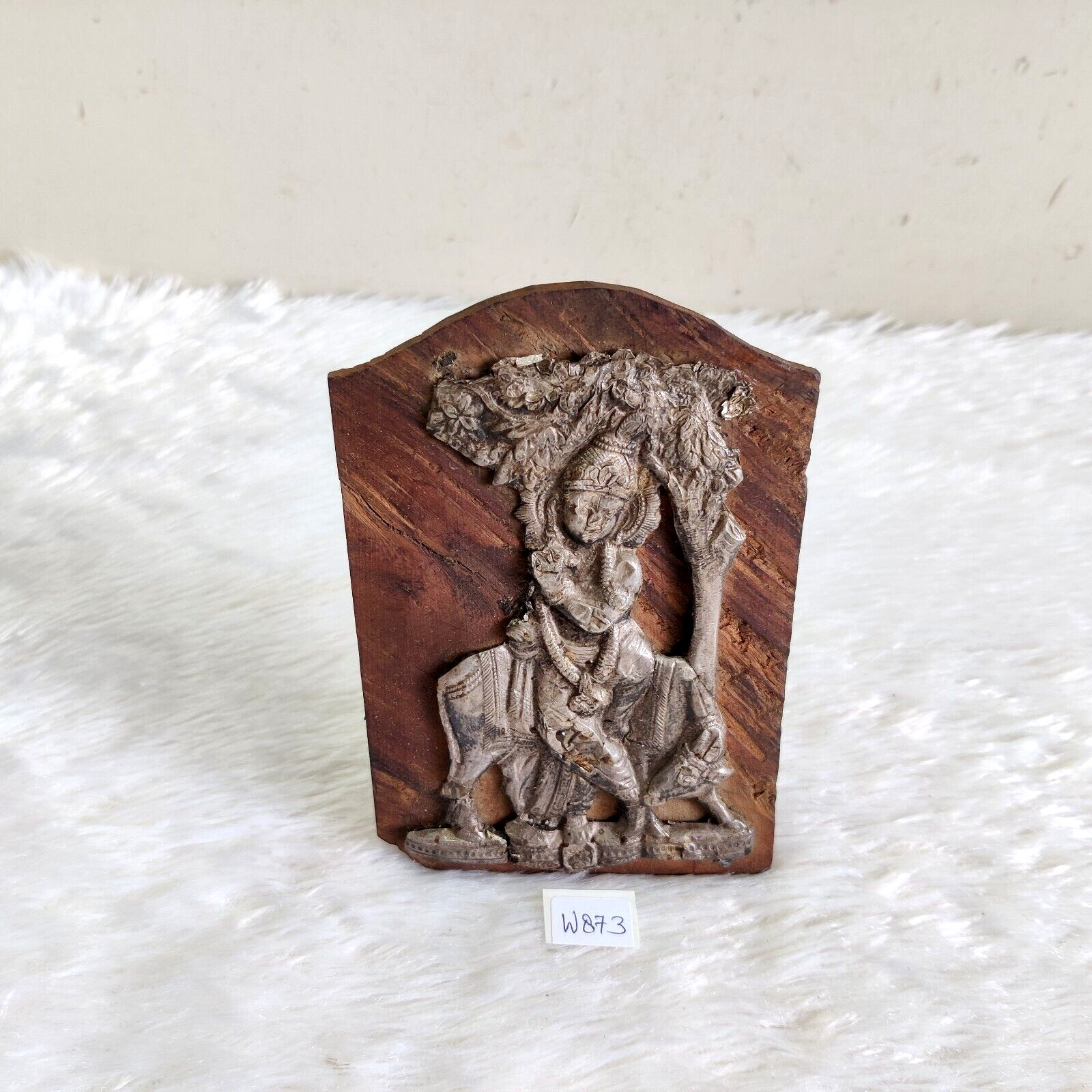 Vintage Handcrafted Lord Krishna Silver Art Statue Figurine Rosewood Frame W873