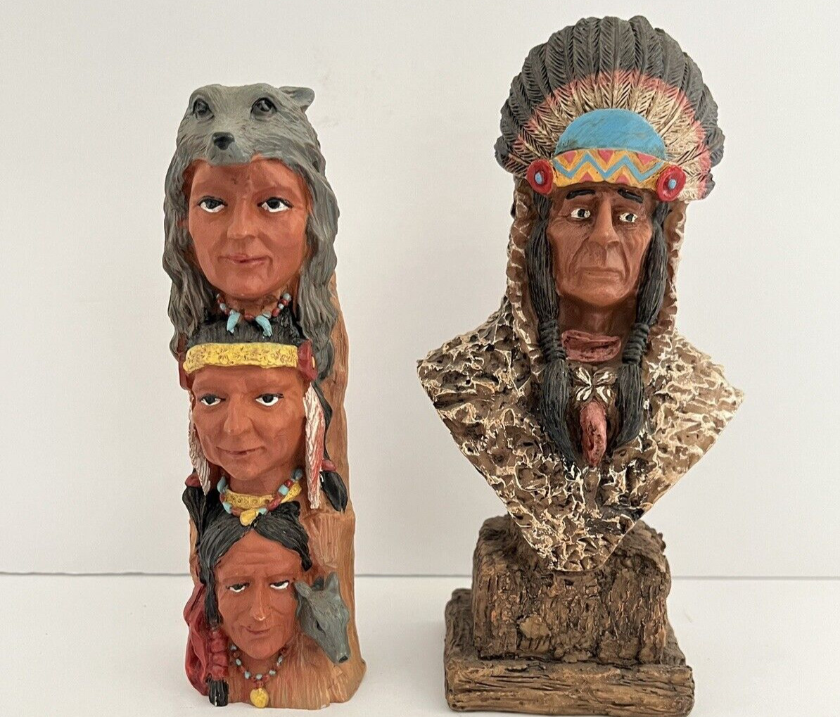 2 Native American Figurines Totem Pole And Chief Hand Made Signed  Vintage