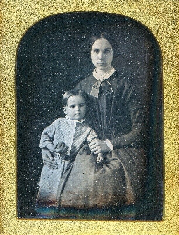 Antique Daguerreotype Photo - Beautiful Young Lady & Child Holding a Baseball