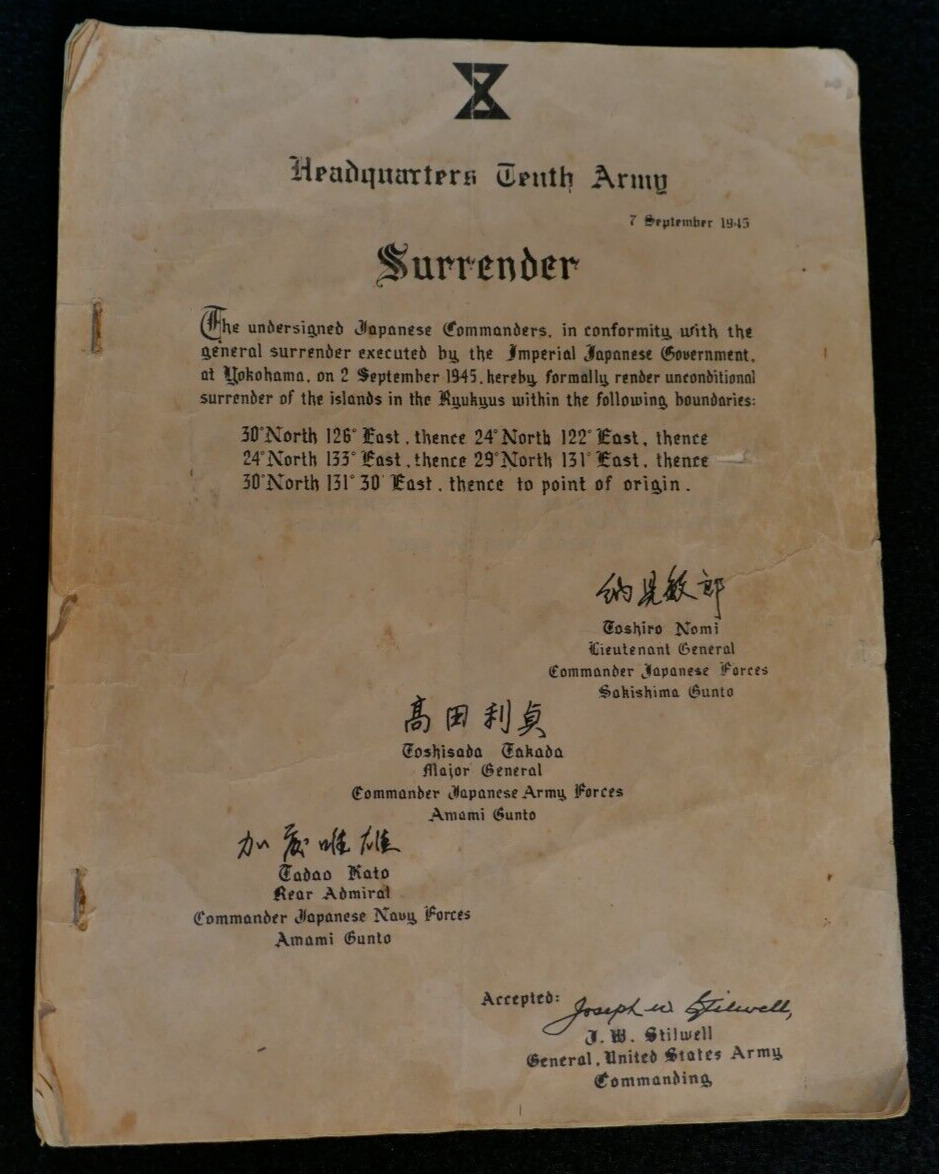 WWII HQ Tenth Army Instrument of Surrender Japan Sept. 7 1945 Gen. Stilwell Rare